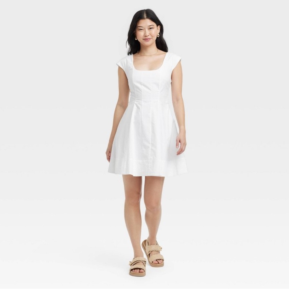 NWT a new day 100% cotton White Mini Dress with Square Neck size 8
